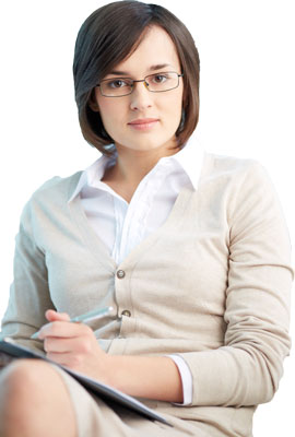 Confident young therapist with seated and listening with pen and pad in hand